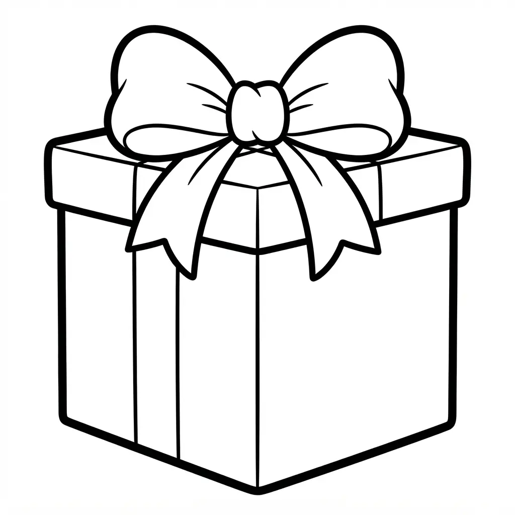 Wrapped gift box with a broad ribbon and bow, shown as happy birthday coloring pages line art.