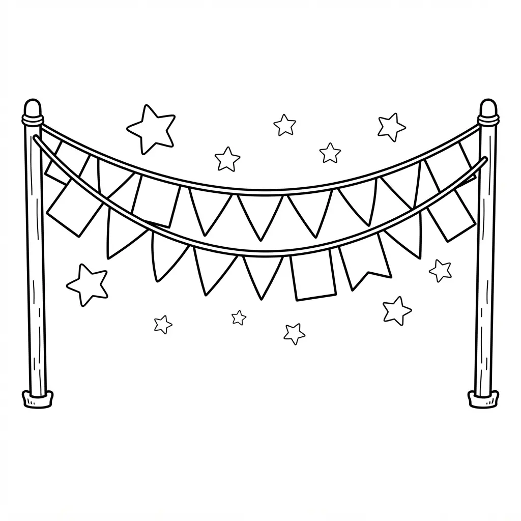 Happy Birthday lettering banner stretched between two posts with small stars and clean outlines.