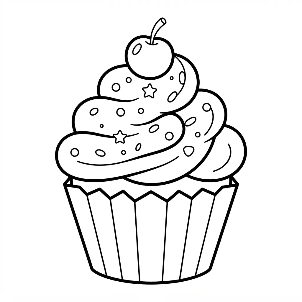 Happy Birthday cupcake with frosting and sprinkles in a cheerful birthday coloring pages outline.