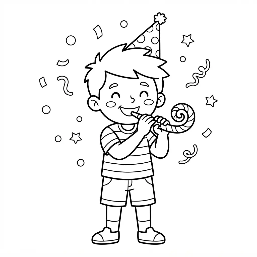 Birthday boy holding a party horn beneath confetti, drawn for happy birthday coloring pages.