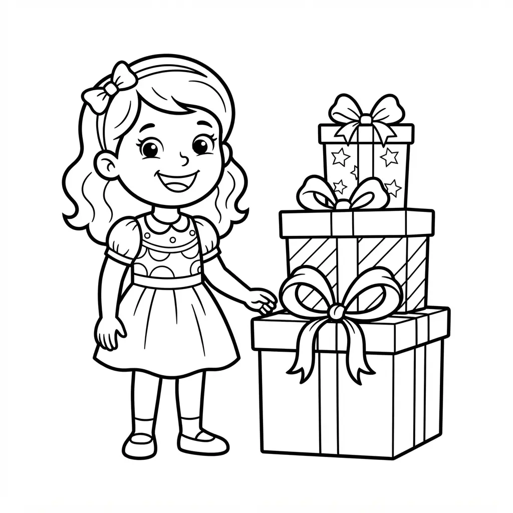 Smiling birthday girl standing beside a pile of wrapped gifts with curly bows.