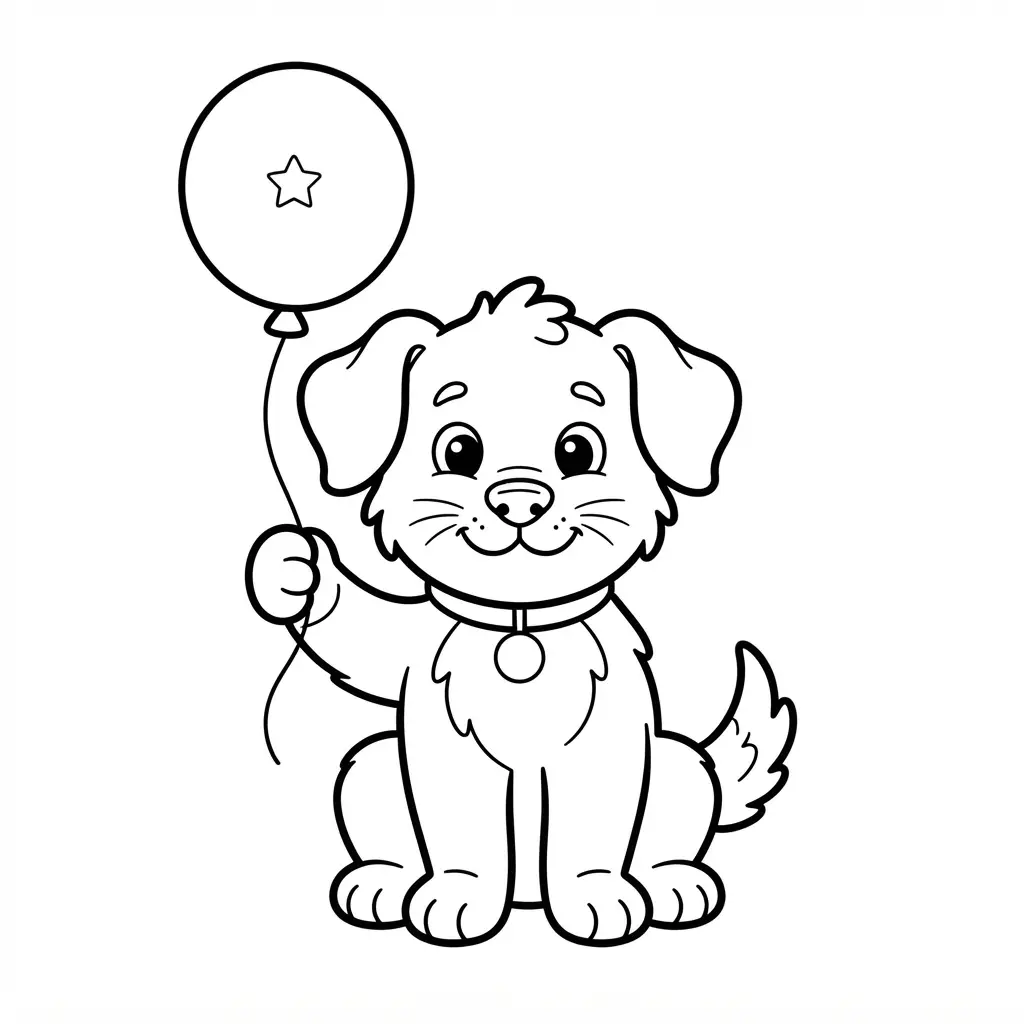 Cute puppy holding one birthday balloon in a friendly happy birthday coloring pages scene.