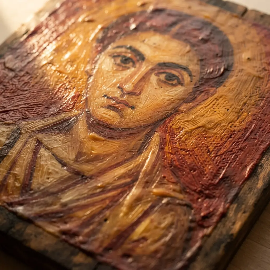 A classical portrait on wood panel painted with pigmented beeswax, demonstrating the encaustic technique.