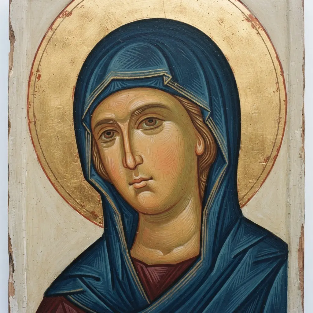 A detailed religious icon painted with egg yolk and pigment on a prepared panel.