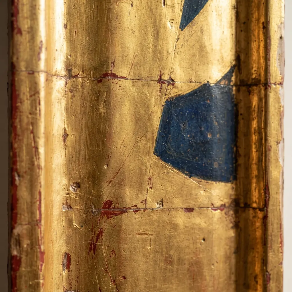 Intricate gold leaf application on a painted panel, creating a reflective, luminous surface.