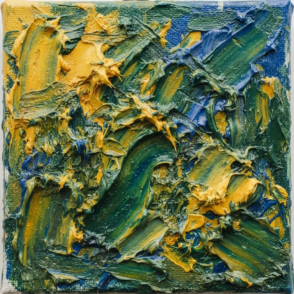 Heavy, textured strokes of oil paint creating a three-dimensional surface on the canvas.