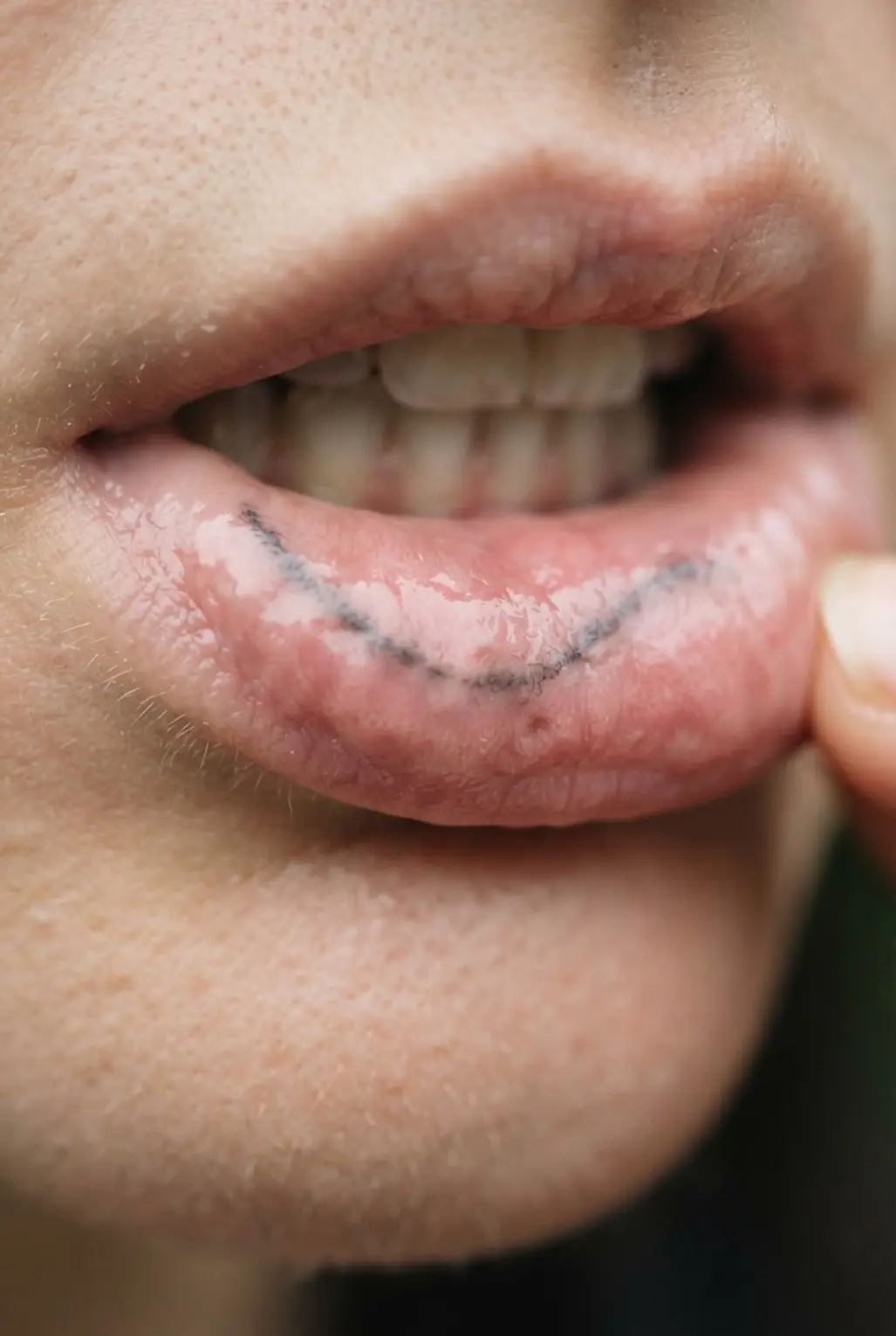 Healed inner lip lettering with softened edges and partial visibility remaining after substantial fading.