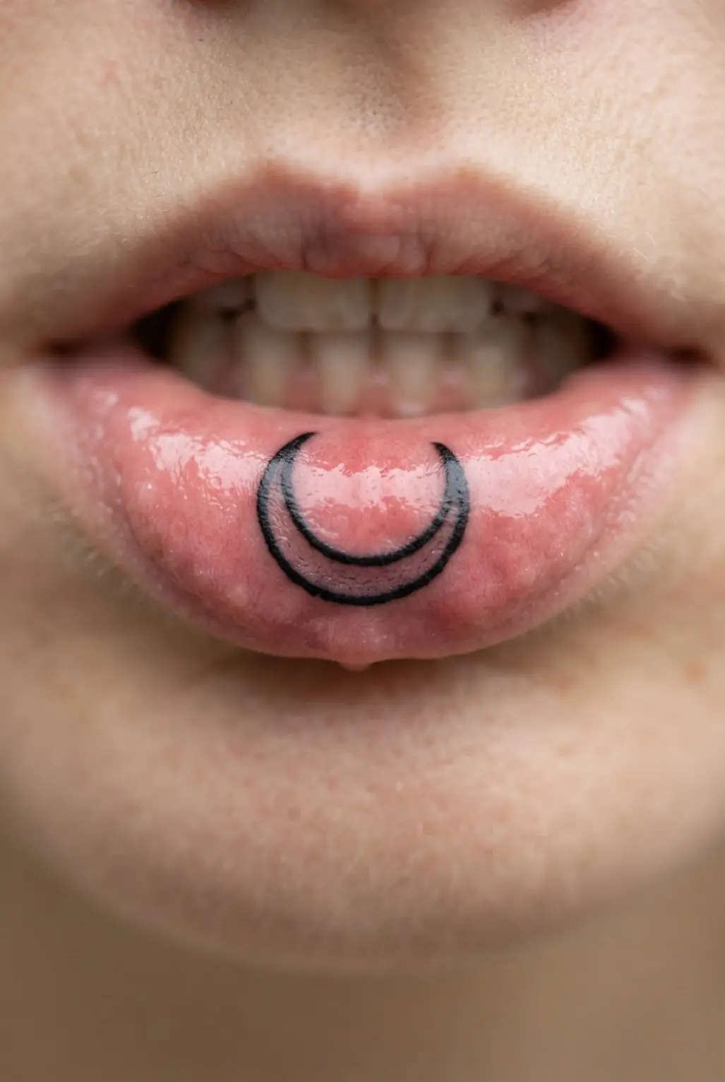 Cross-section graphic comparing shallow and saturated ink placement within inner lip mucosal tissue.