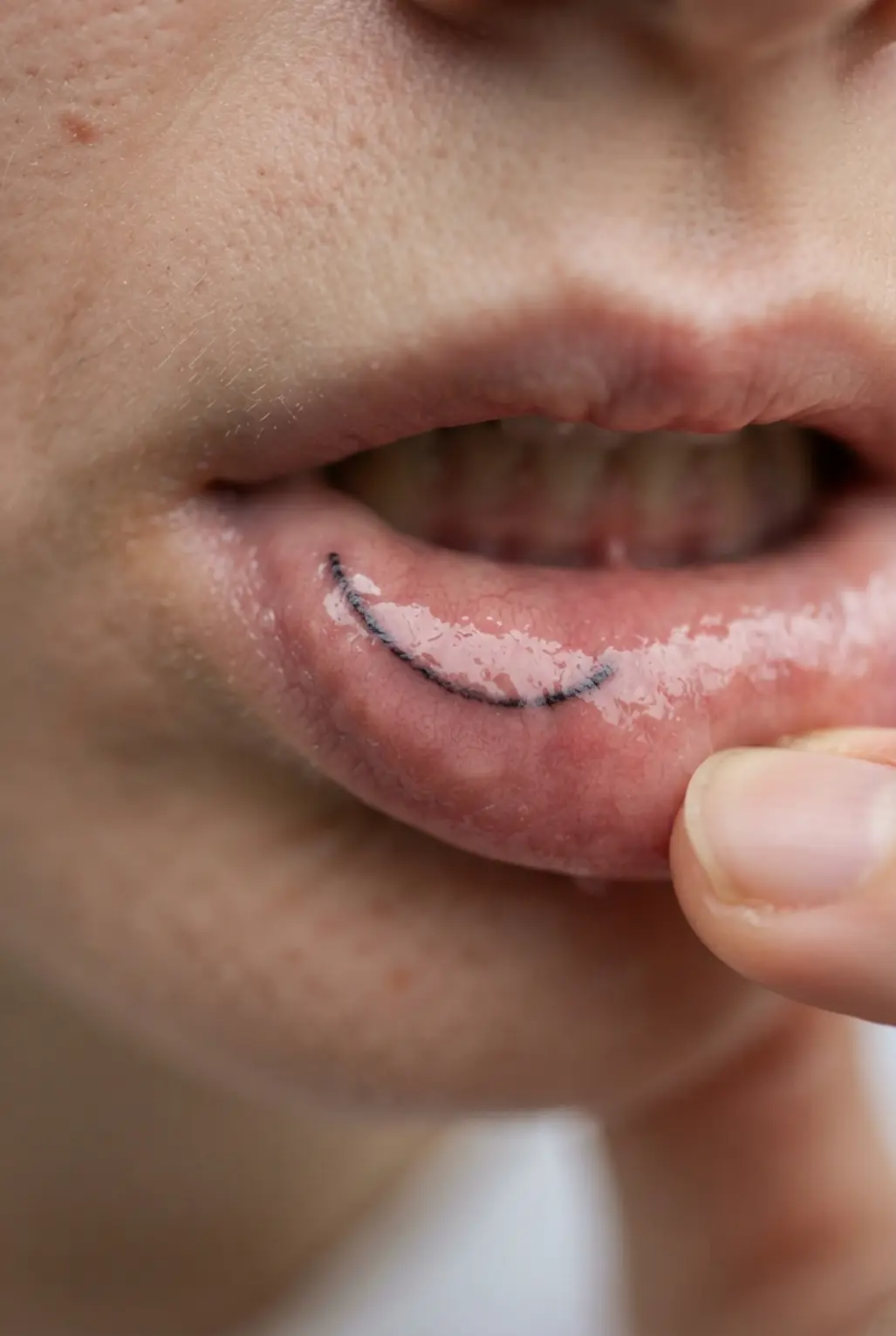 Two healed inner lip tattoo samples with different levels of ink retention and softened line clarity.