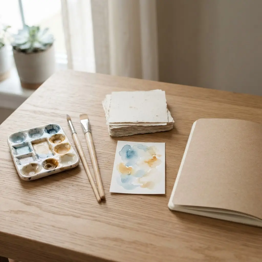 Watercolor supplies, sample products, and a notebook showing hobby business niche planning.