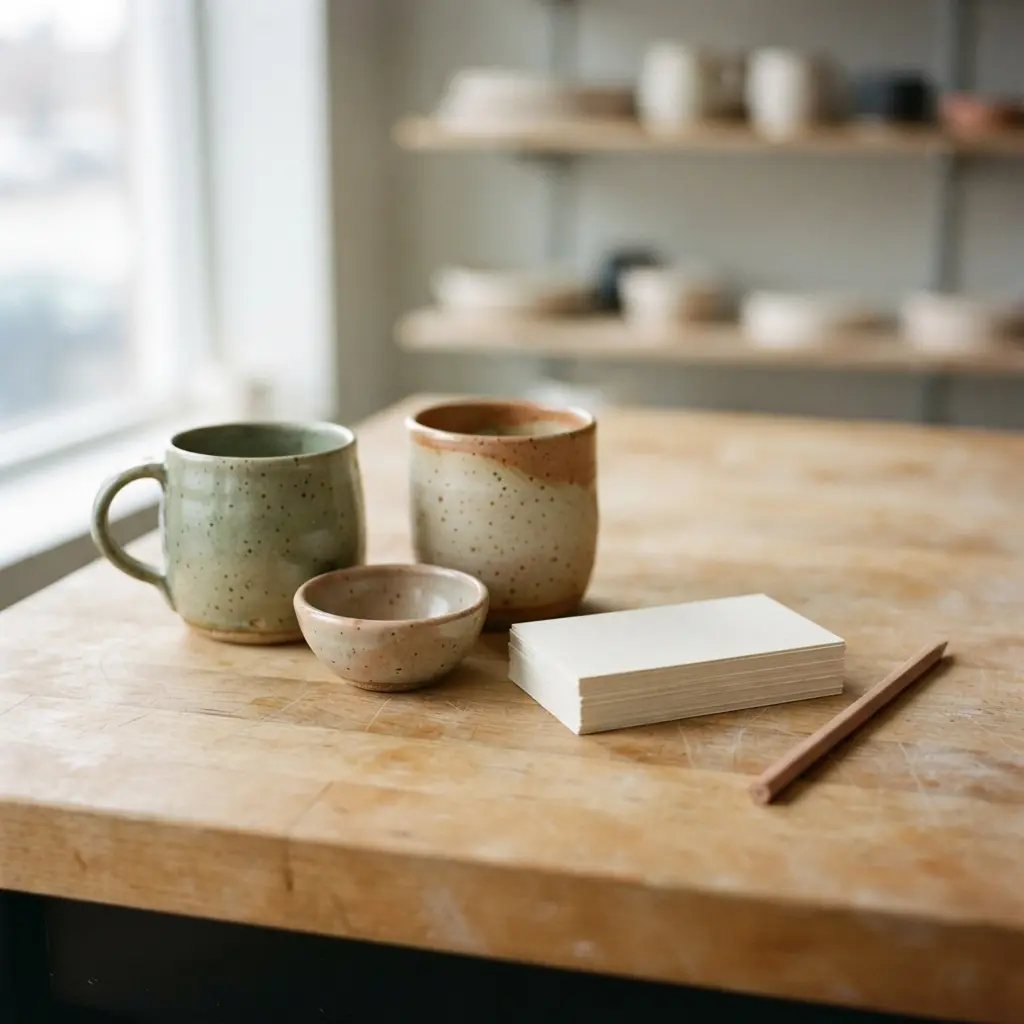 Handmade ceramic cups beside customer notes for turning a hobby into a business.