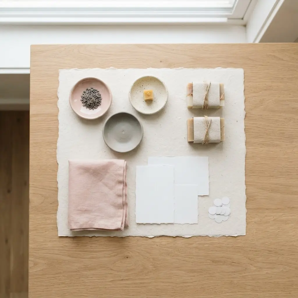 Handmade product samples, feedback cards, and a simple demand testing worksheet on a desk.