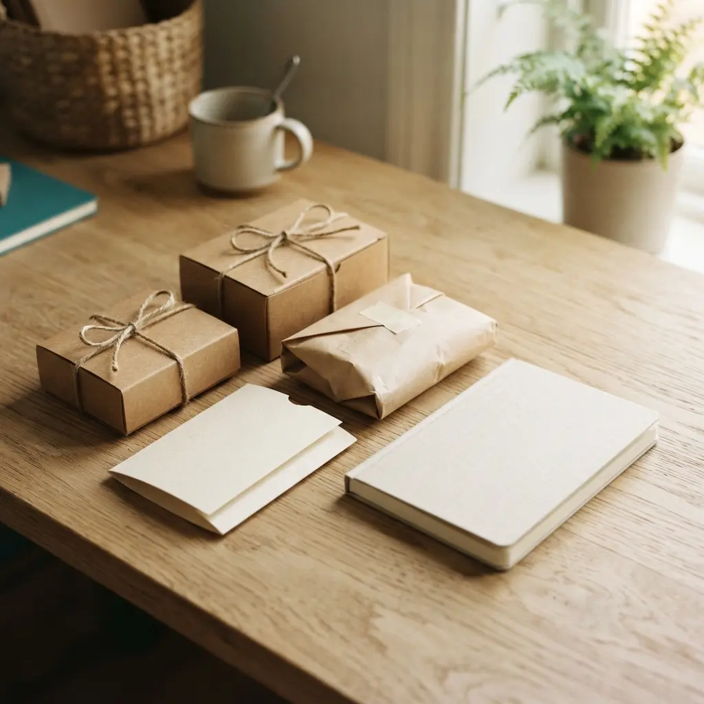 Packaged handmade goods beside a notebook outlining product, service, and subscription business models.