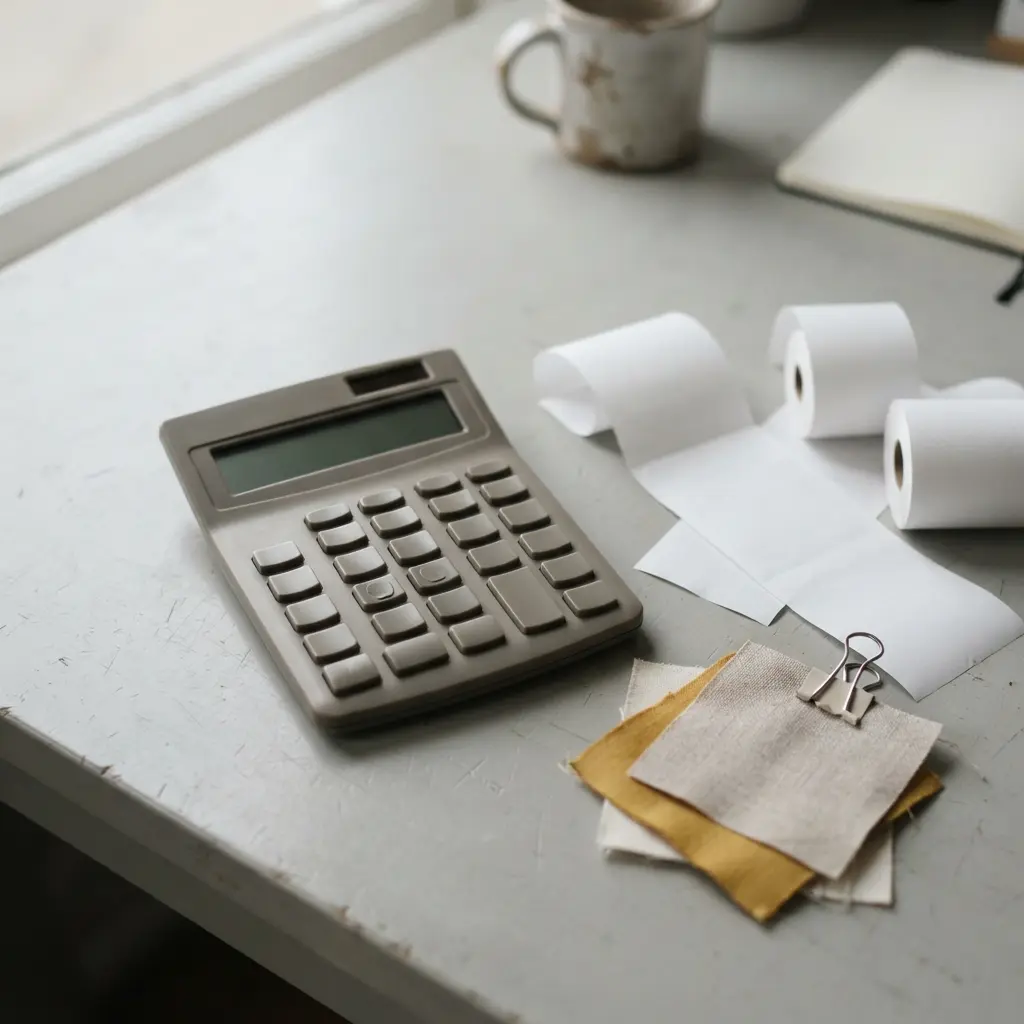 Calculator, receipts, material costs, and pricing notes for turning a hobby into a business.