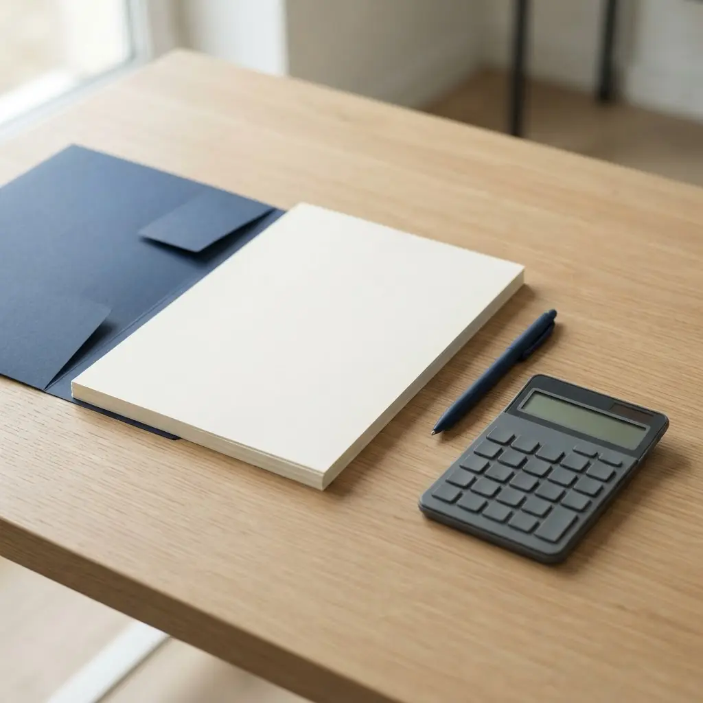 Business registration forms, a calculator, and an organized folder on a clean desk.