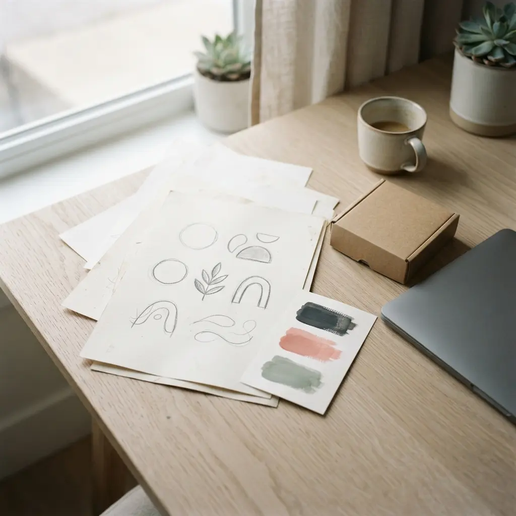 Minimal logo sketches, color swatches, and branded packaging arranged beside a laptop.