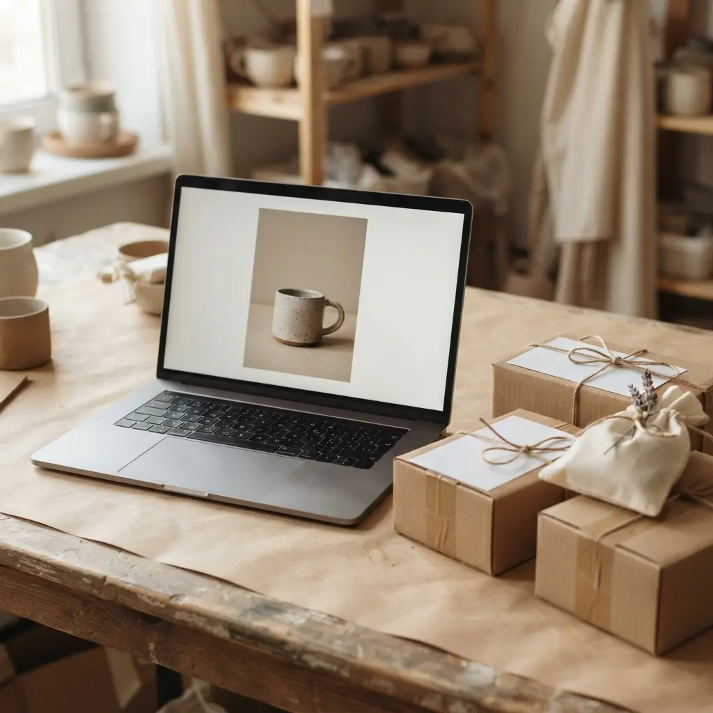 Laptop with a product listing, shipping boxes, labels, and handmade items ready for sale.