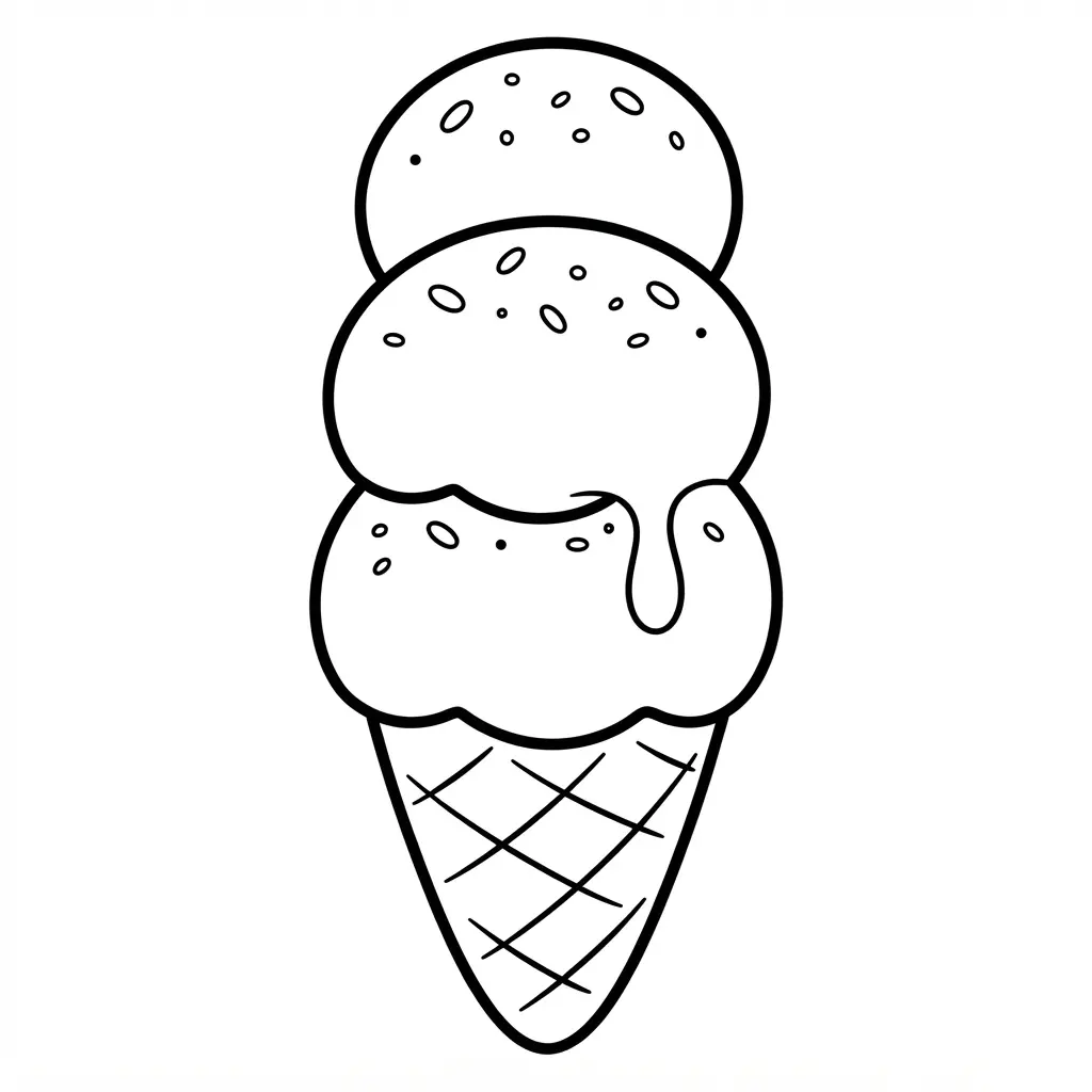 Ice cream coloring pages showing three rounded scoops stacked in a waffle cone with bold black outlines and sprinkles.