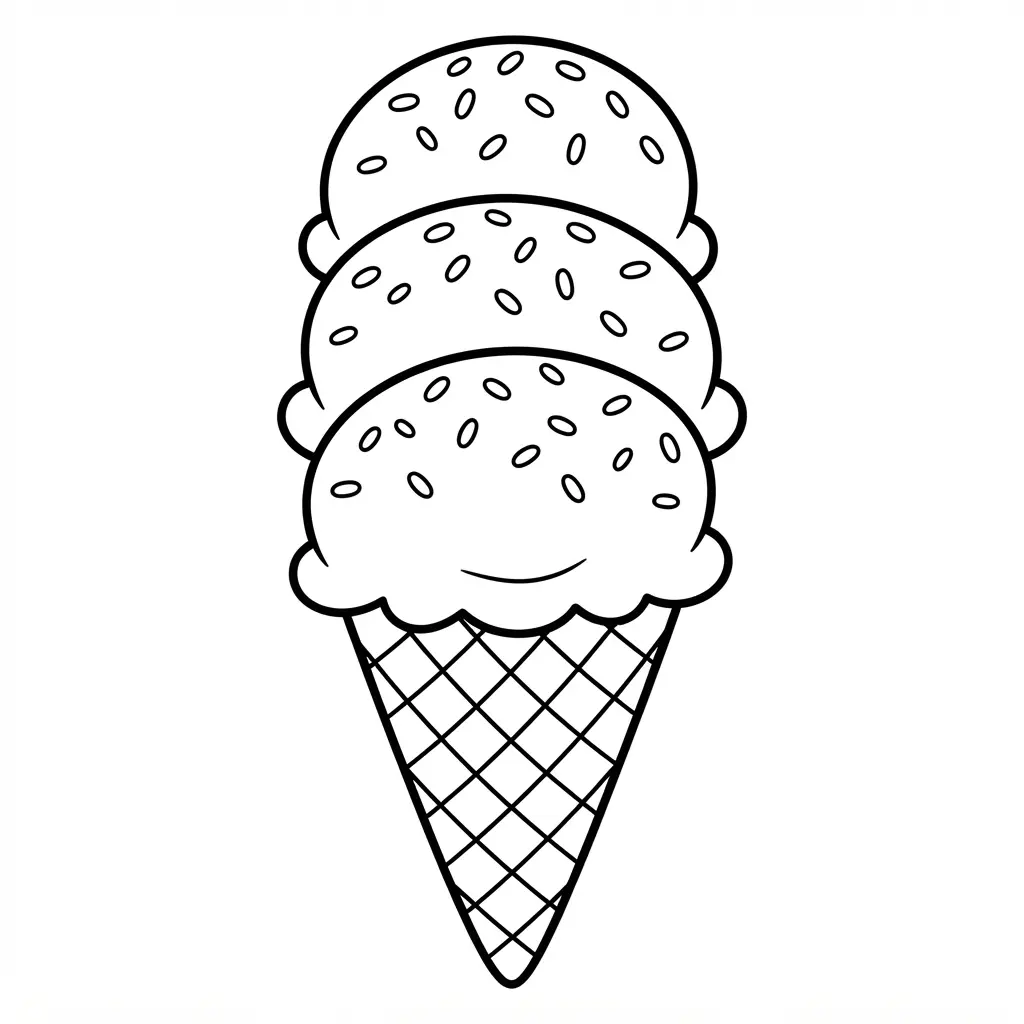Ice cream coloring pages showing a classic waffle cone with three scoops and thick clean outlines.