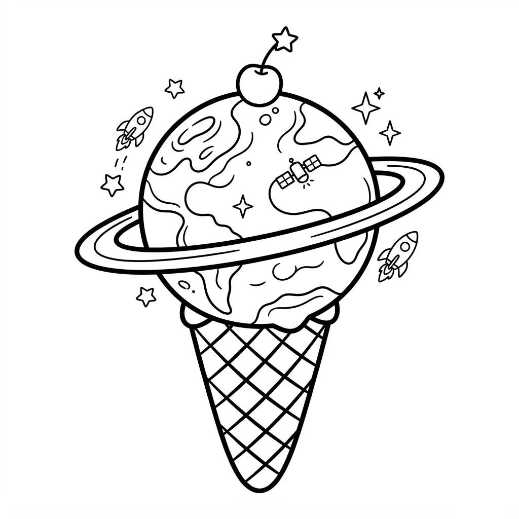 Ice cream coloring pages feature a waffle bowl filled with scoops, whipped cream, cherry, and looping syrup lines.