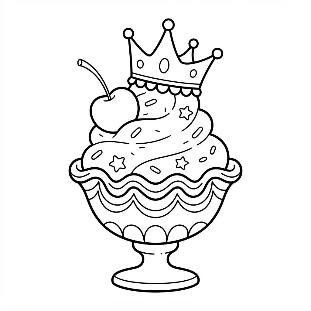 A melting cone sits beneath a smiling sun with puddled ice cream, small clouds, and bold printable outlines.