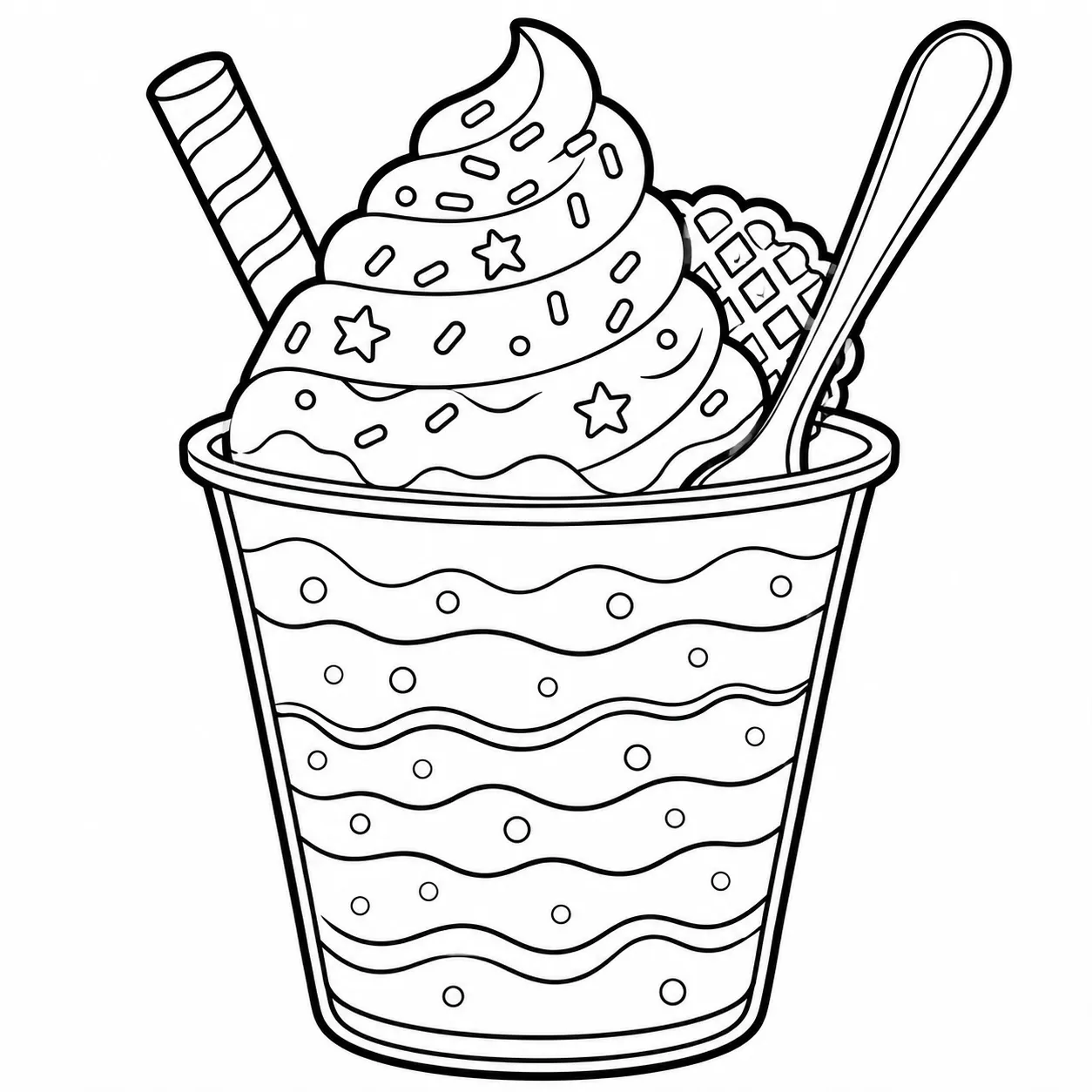 Ice cream coloring pages show a shop window filled with cones, cups, a menu board, and a striped frame.