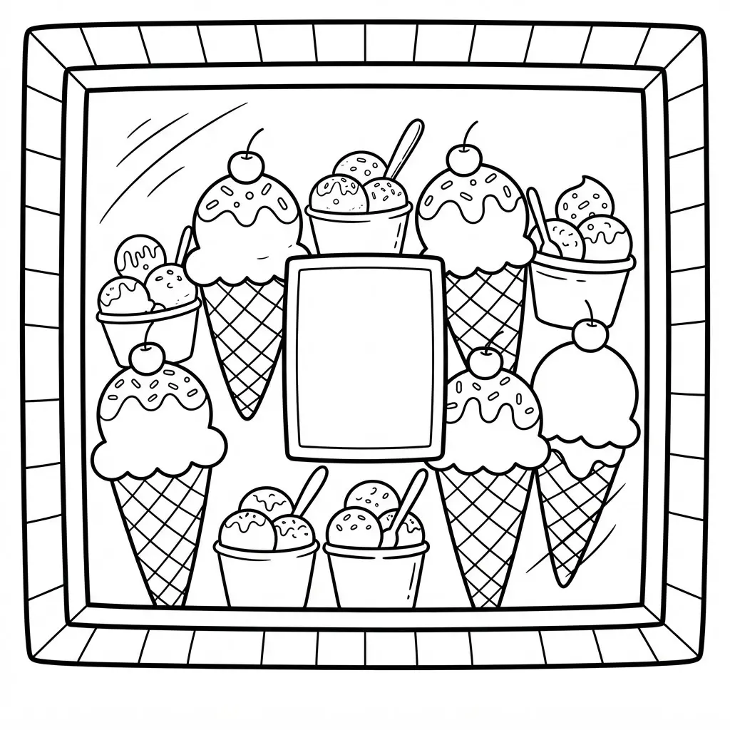 Rainbow layered gelato cup with distinct sections, a spoon, sprinkles, and bold uncluttered outlines.