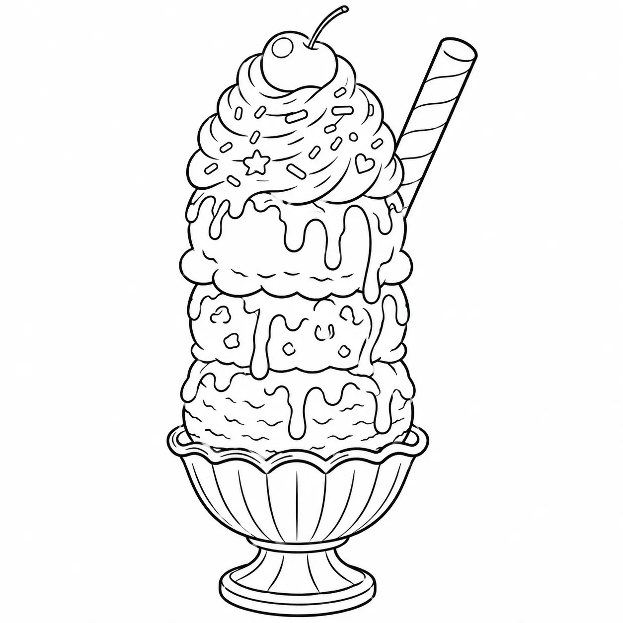Large bold alphabet letters decorated with scoops, cones, sprinkles, cherries, and simple practice lines.