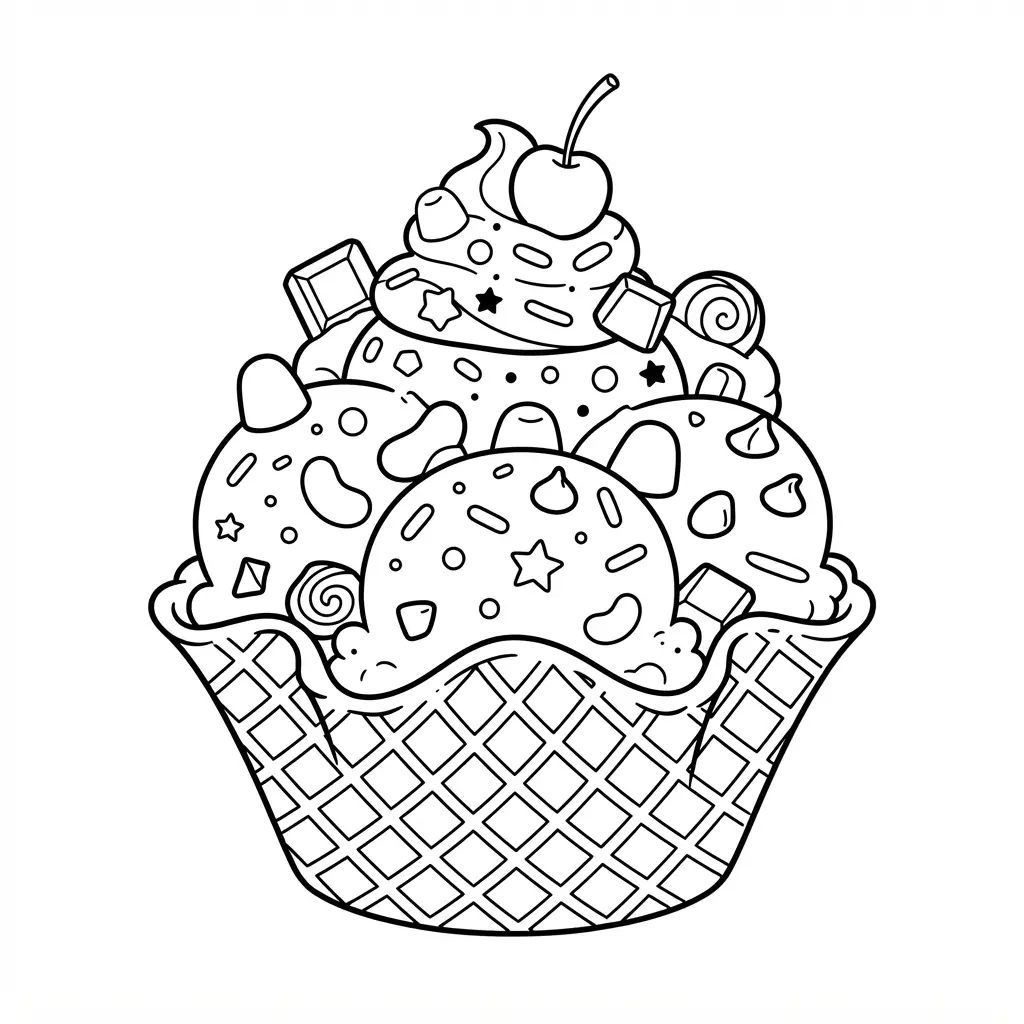 A picnic basket holds popsicles, cones, napkins, and fruit beside a checkered cloth and small flowers.
