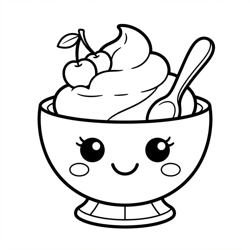 A sundae bowl holds one scoop, whipped cream, syrup, and a cherry in clean printable line art.