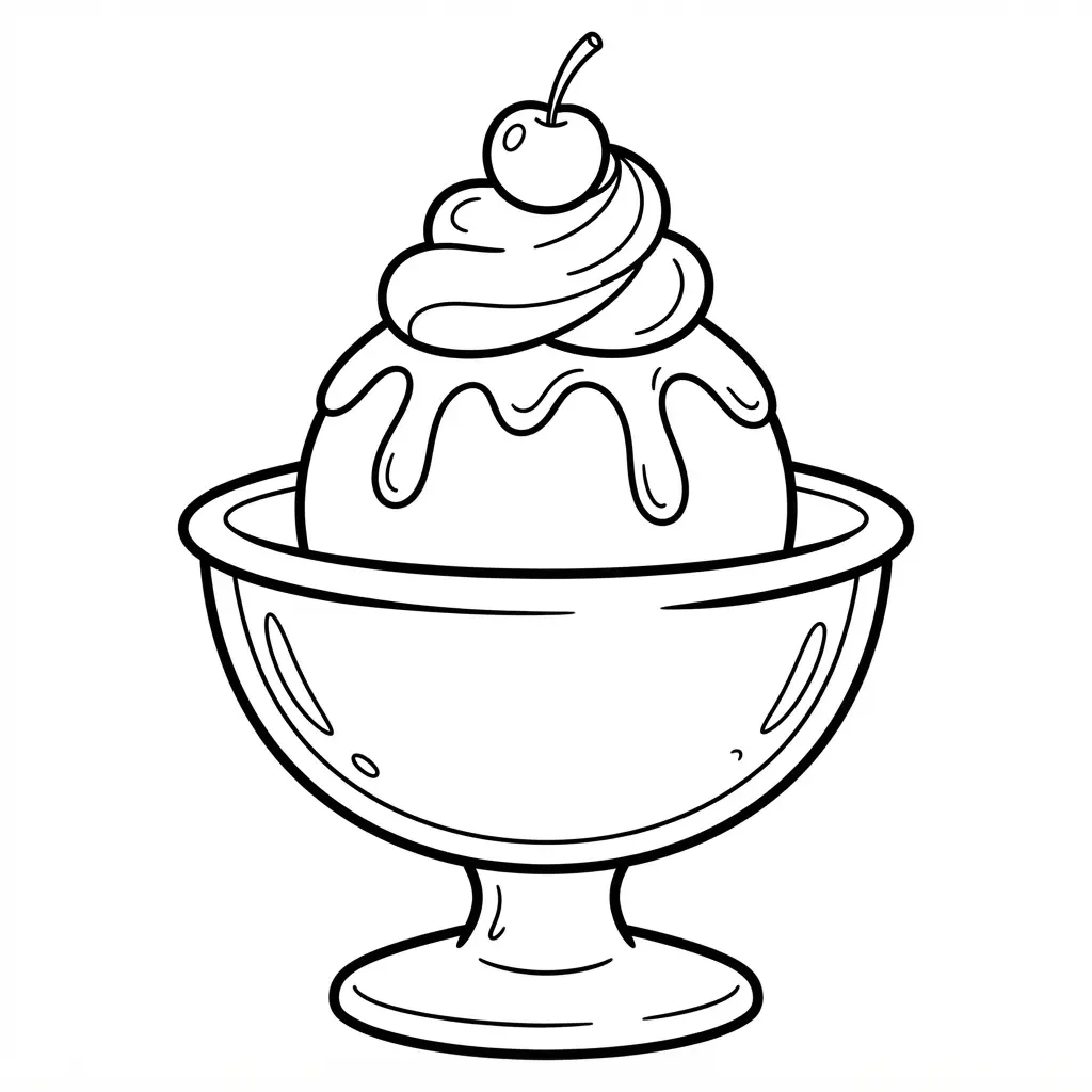 Kawaii sundae bowl with large eyes, a smile, whipped cream, and a cherry in clear line art.