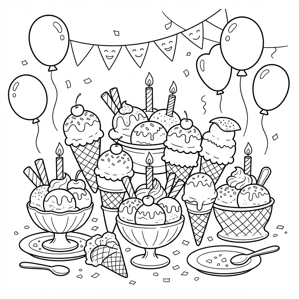Ice cream coloring pages show a party table with bowls, cones, balloons, bunting, sprinkles, and friendly dessert faces.
