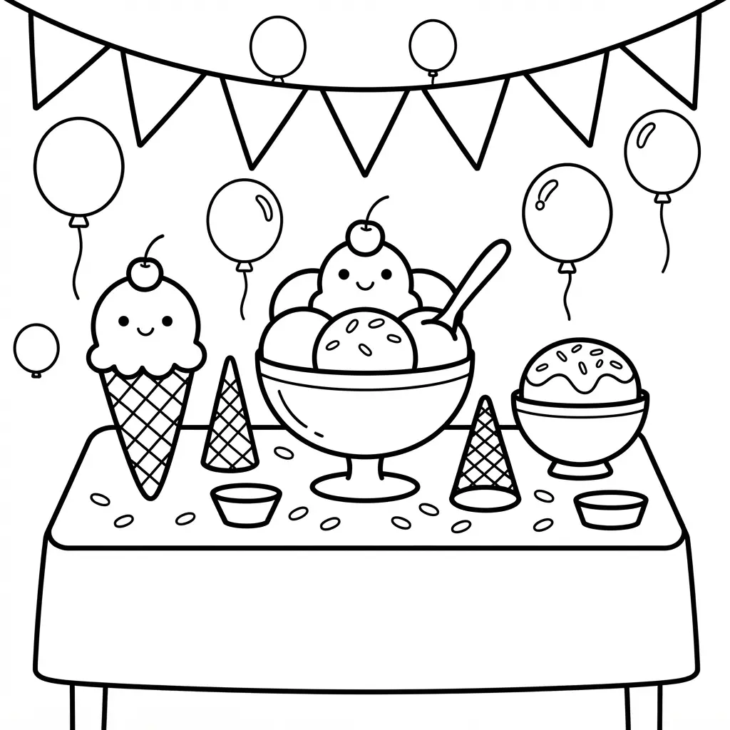 Birthday ice cream feast with cones, sundae bowls, candles, balloons, bunting, and party plates.