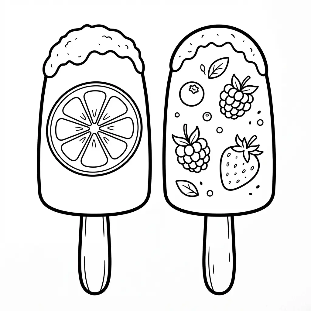 Ice cream coloring pages featuring a fruit-shaped frozen pop on a wooden stick with leaf and seed details.