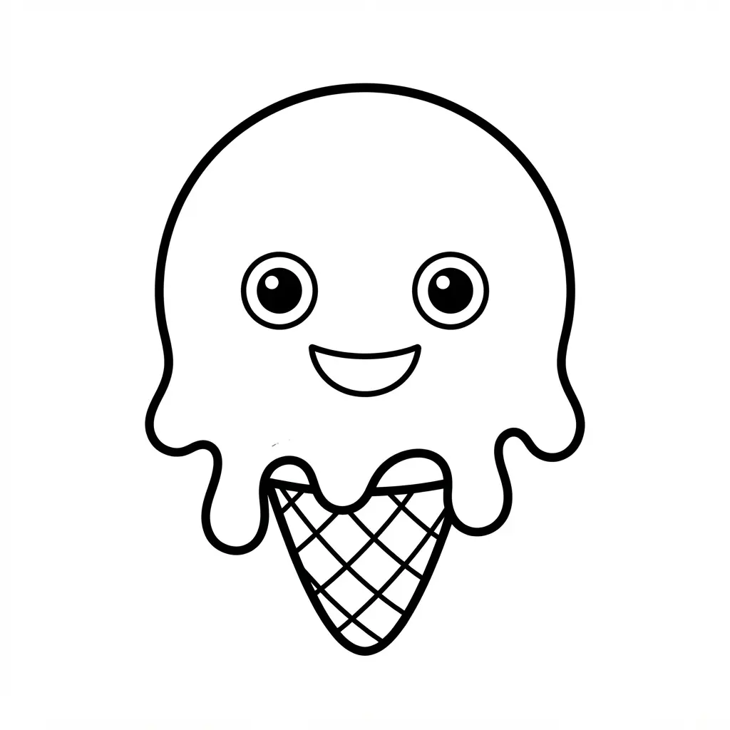 A smiling ice cream cone character has round eyes, a happy mouth, sprinkles, and thick enclosed coloring spaces.