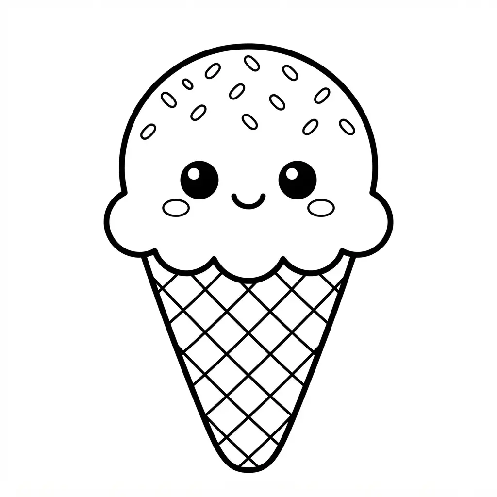 Melting ice cream character with round eyes, a smiling face, drips, and thick child-friendly outlines.