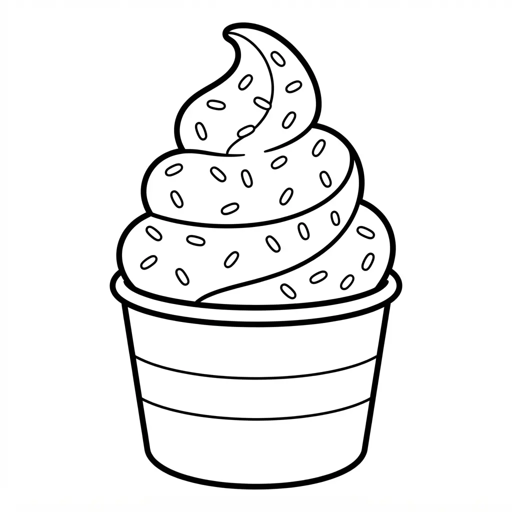 Ice cream coloring pages showing twisted soft serve in a cup with smooth curves, a wafer, and a small topping.