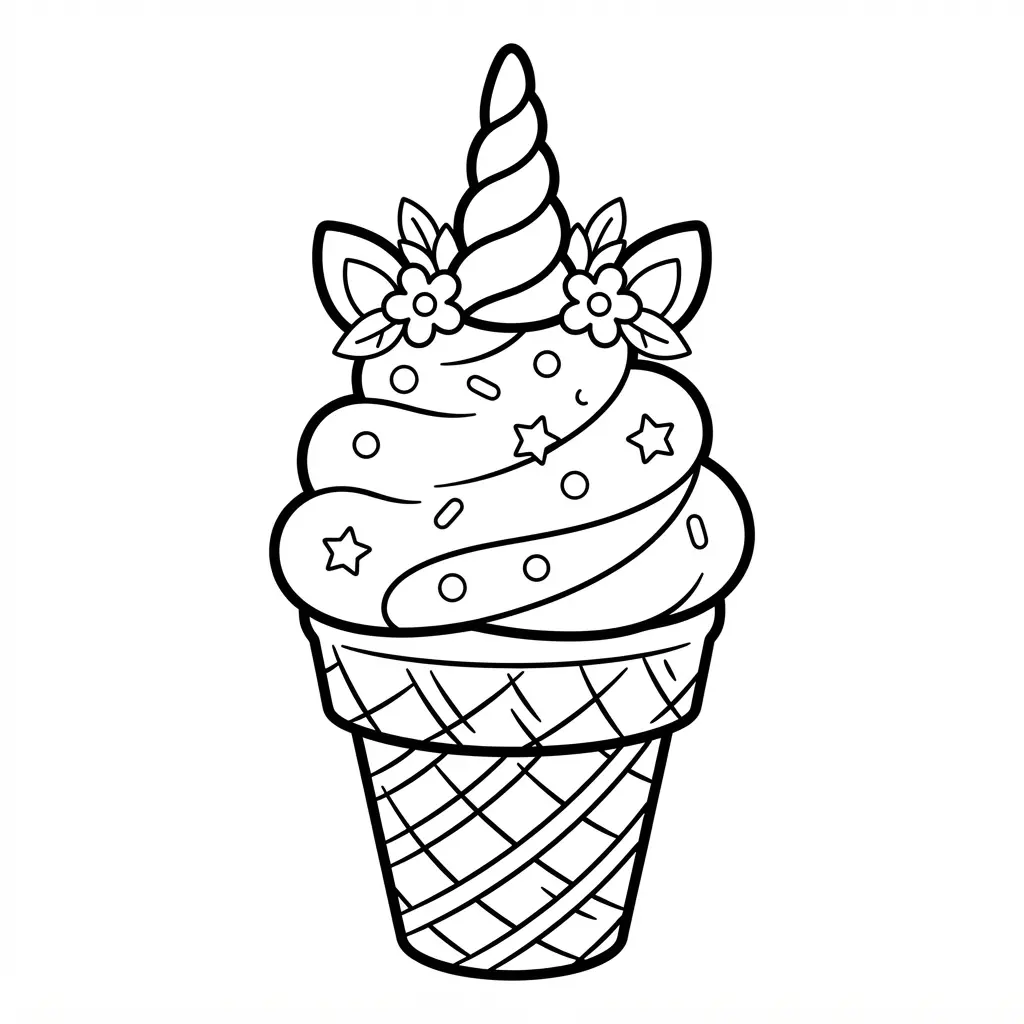 Ice cream coloring pages show a cone with melting scoops, dripping syrup, and many separated sprinkle shapes.