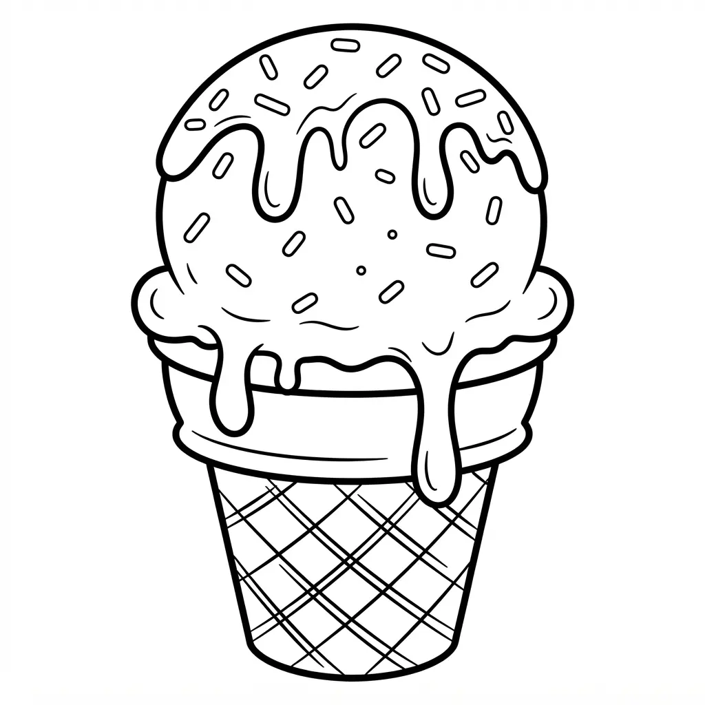 Unicorn horn ice cream cone with a swirled scoop, stars, sprinkles, and bold rounded lines.