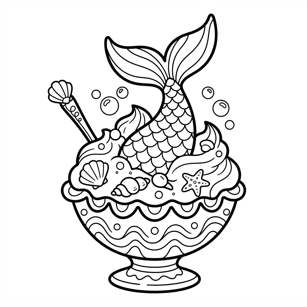 Ice cream coloring pages show a cone beside a beach umbrella, sand bucket, sun, and calm shoreline.