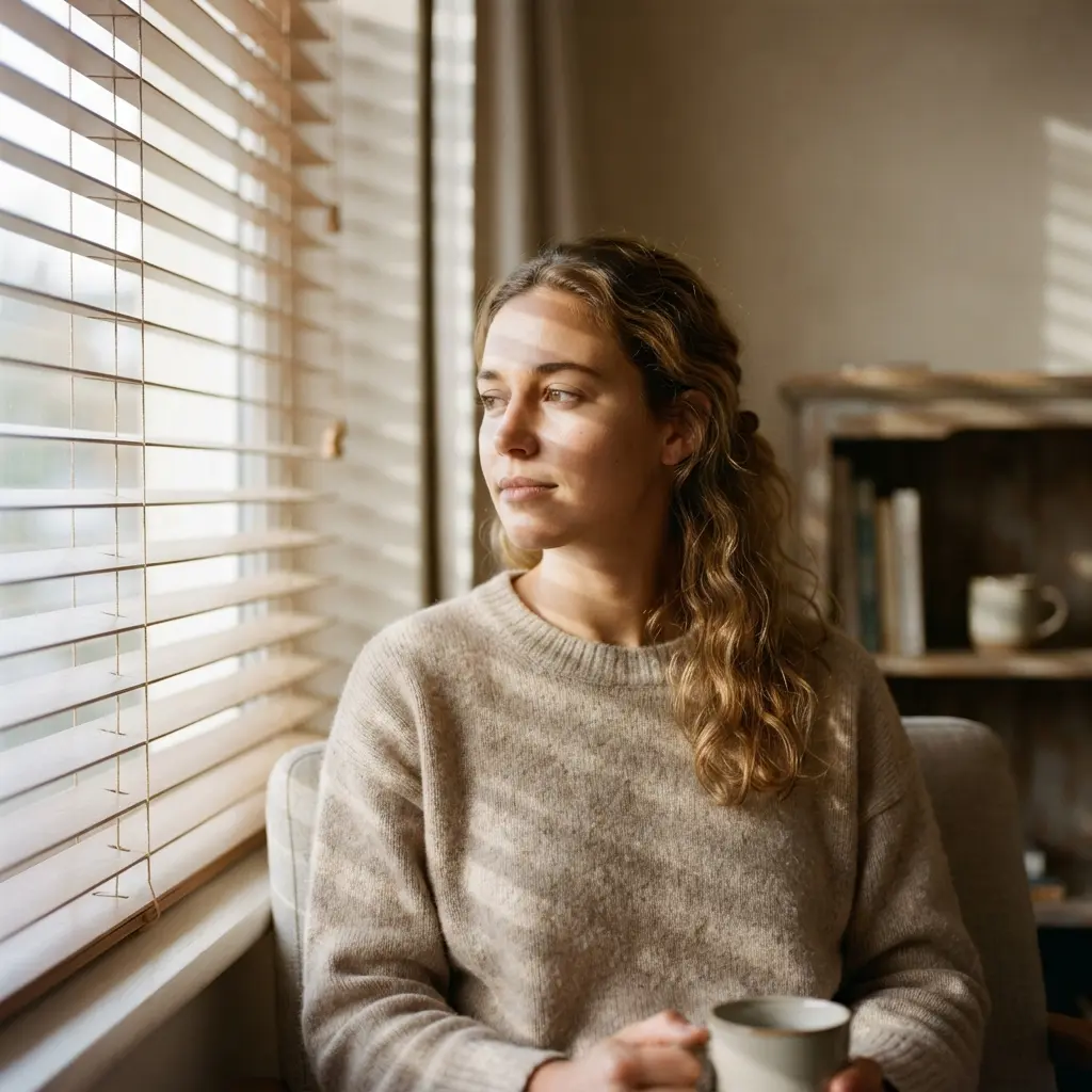 Portrait beside window blinds, showing striped shadows across the face in light and shadow photography ideas.