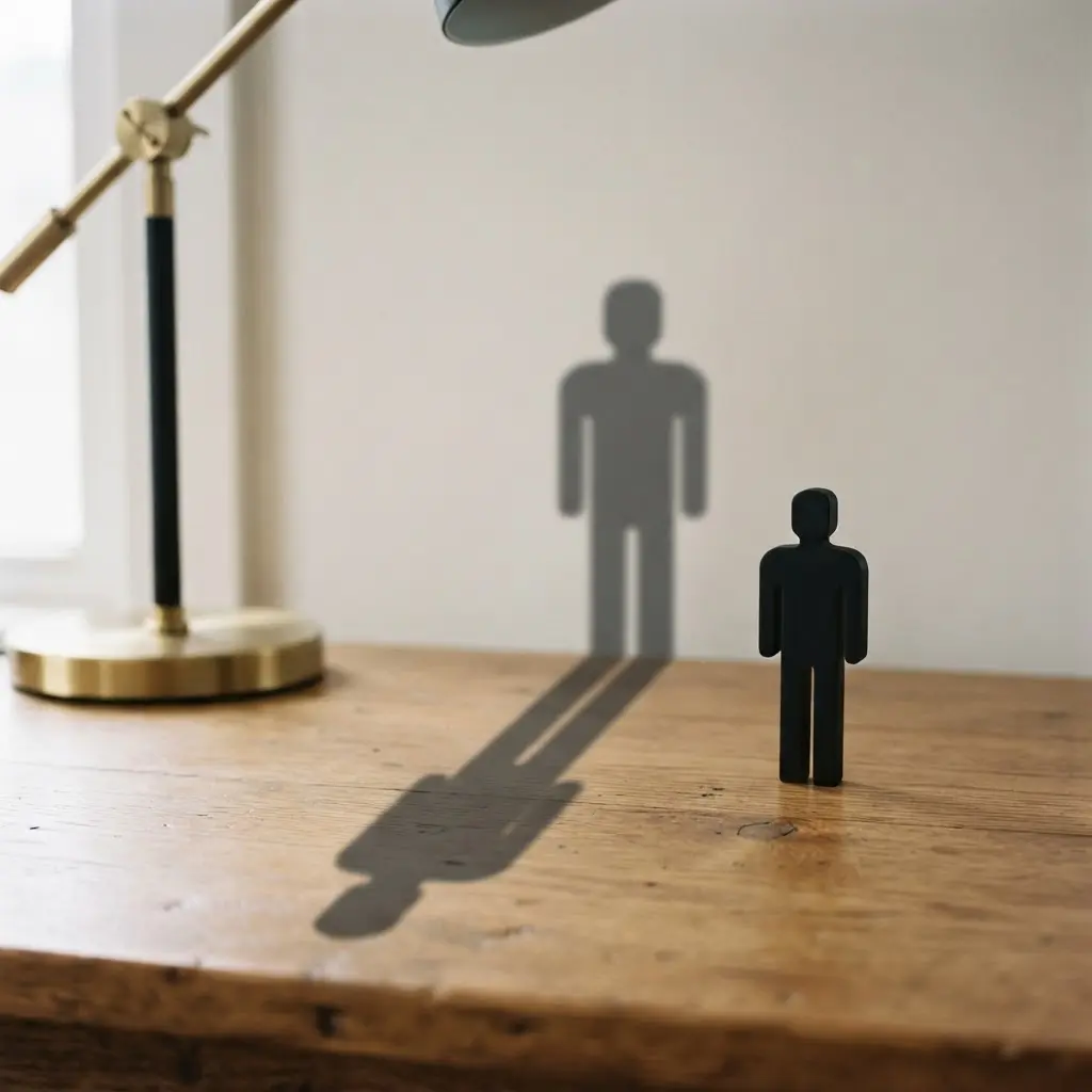 Small figurine placed near a lamp creates an enlarged shadow across a tabletop.