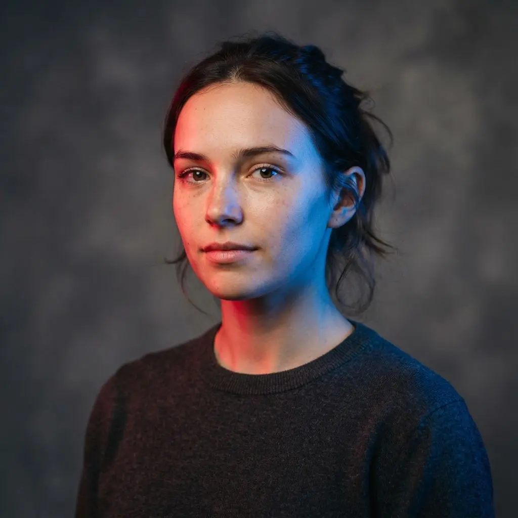 Portrait split between red and blue gel light in a bold light and shadow photography ideas study.