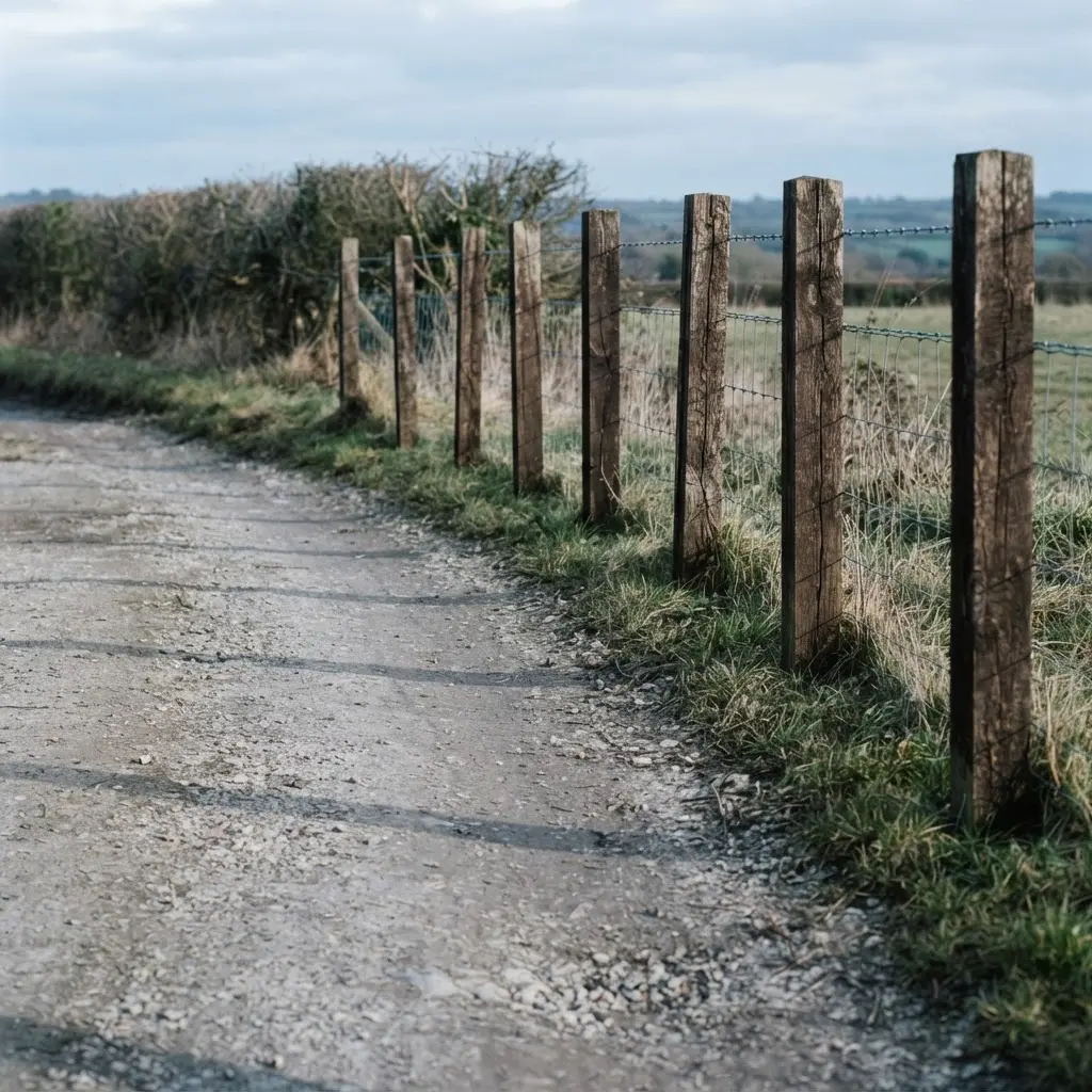 Fence posts cast repeated long shadows across a sunlit path during late afternoon.