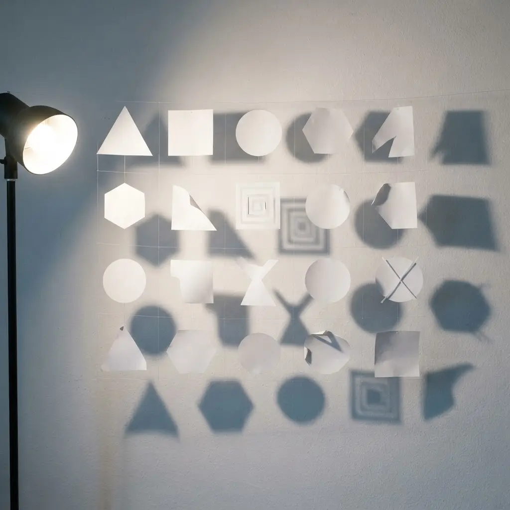 Paper cutout shapes block a lamp and project clean geometric shadows onto a white wall.
