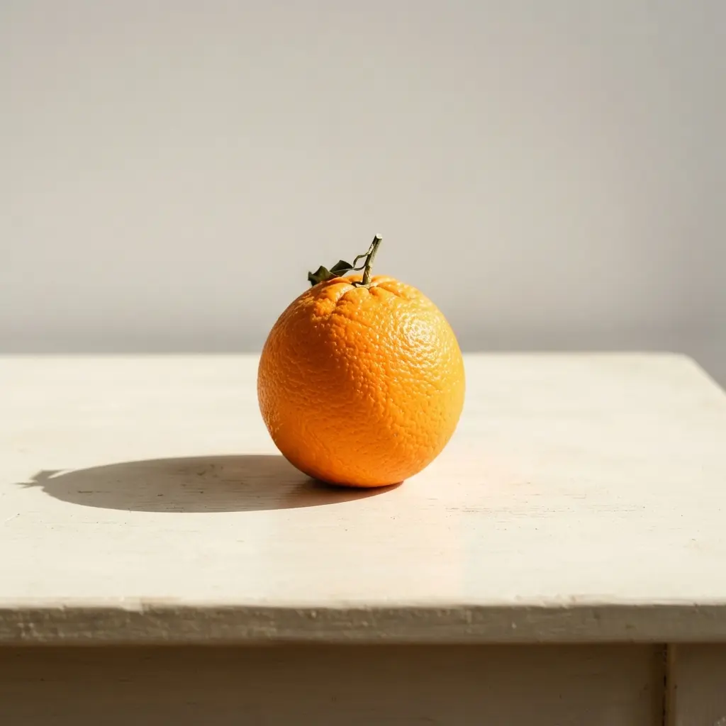 Orange citrus fruit on a pale table with a sharp-edged shadow from a single hard light source.