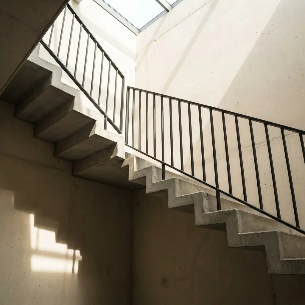 Staircase photographed from below with geometric shadows forming a strong light and shadow photography ideas composition.