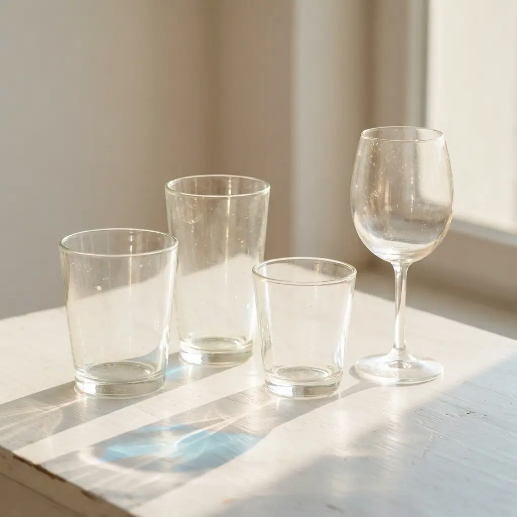 Clear glasses cast refracted shapes onto a white surface under bright backlighting.