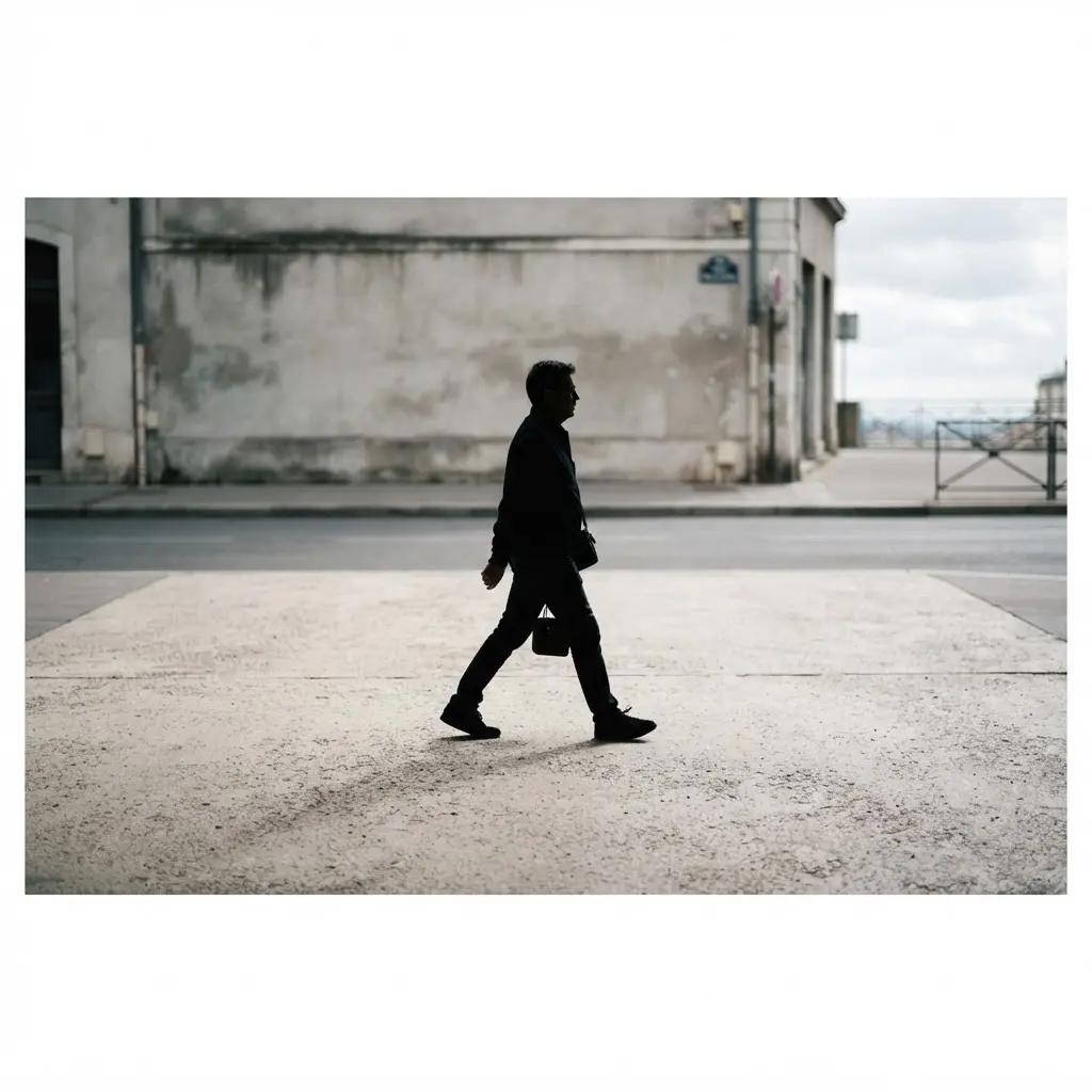 Pedestrian silhouette crossing a sunny street, creating a high-contrast light and shadow photography ideas scene.