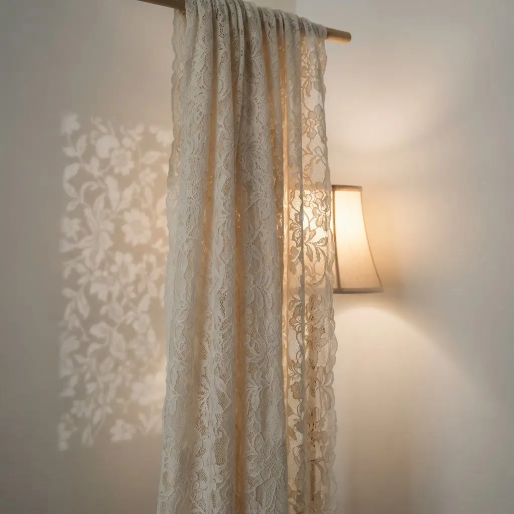 Lace fabric positioned before a lamp casts repeating floral shadows across a plain wall.